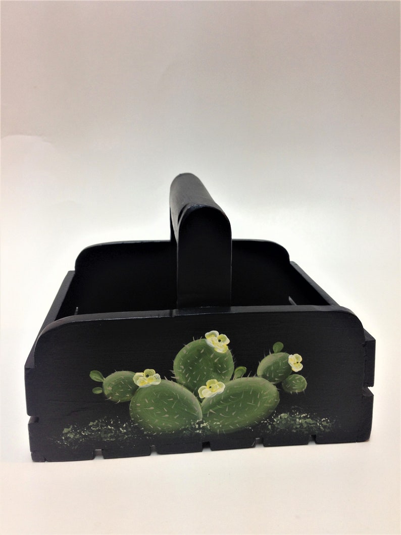Wooden Basket with Prickly Pear Cactus hand painted