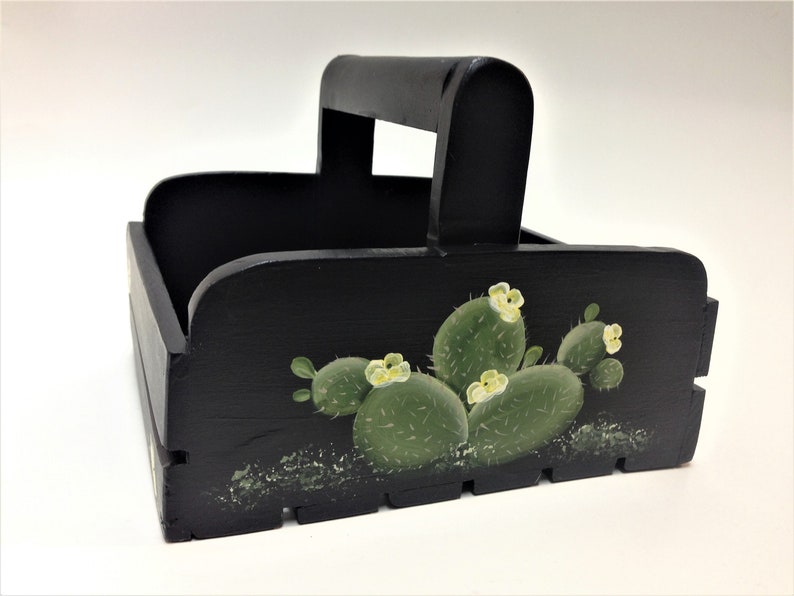 Wooden Basket with Prickly Pear Cactus hand painted