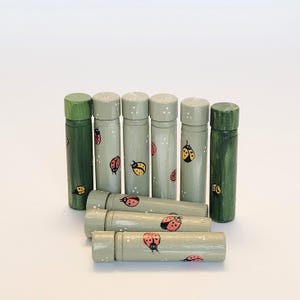 Estojo para agulhas pintado à mão com joaninhas.