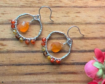 Carnelian and silver textured hoop earrings