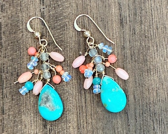 Bohemian turquoise, coral, labradorite and  opal dangle earrings on gold filled wires