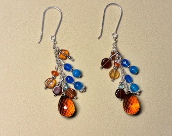Madeira Citrine, blue quartz and sterling silver dangle earrings