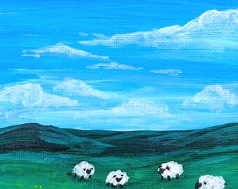 Sheep & Rolling Fields Magnet- Hand Painted 4x4" Square