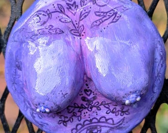 Purple Boobs Magnet: Tattooed Polymer Clay Sculpture, Upcycled Jar Lid