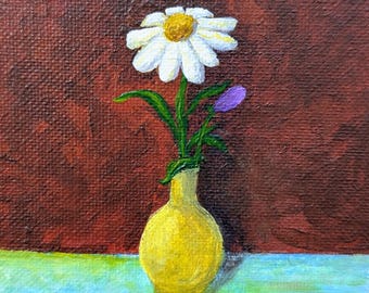 Daisy and Violet, Yellow Vase Bouquet Magnet- Hand Painted 4x4" Square