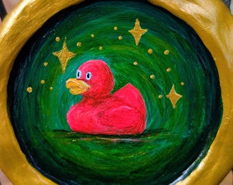 Rubber Duck Miniature Painting: Upcycled Jar Lid Magnet, Gold Frame (3.5" Width)