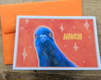 Pigeon Popping In - 4x6 Greeting Card - Blank Inside - Orange Envelope
