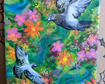 Flowers Pigeon Portrait - Acrylic Painting - 5x7 Inches