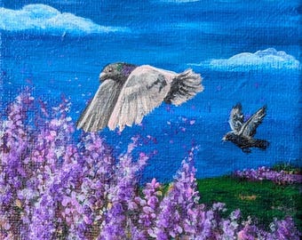 Lavender Field Pigeons Portrait - Acrylic Miniature Painting - 4 x 4 Inches