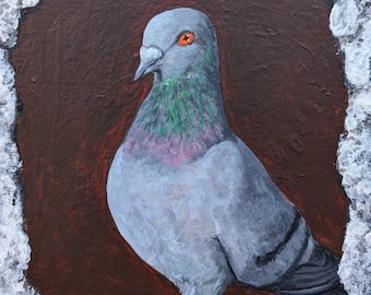 Handcrafted Pigeon Portrait - Acrylic Painting with Unique Border - 8x8 Inches