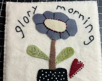 Mug Rug, “Glory Morning”, Wool, 6 x 6.5”