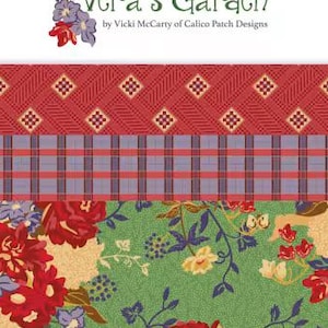 May include: A fabric design featuring the text "Vera's Garden" and floral patterns. The design includes a red and diamond pattern, a plaid pattern, and a green floral pattern with red and purple flowers.