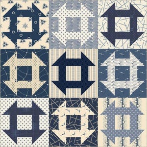 May include: A quilt block pattern featuring a grid of nine squares, each displaying a central hashtag-like shape. The design utilises a colour palette of navy blue, cream, and light blue, with various geometric prints including dots, stripes, and dashes.