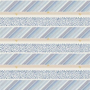 May include: A repeating pattern featuring alternating stripes and dotted sections in shades of blue and white. The stripes are diagonal, and the dotted sections have a speckled appearance. Gold-colored scissor icons are placed along the horizontal lines.