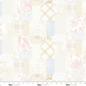May include: A patchwork fabric design featuring various patterns in soft pastel colors. The design includes floral, plaid, and geometric elements in shades of pink, beige, and blue, creating a vintage aesthetic. The fabric is measured in inches.