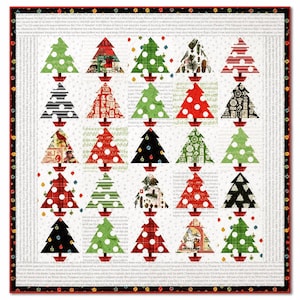 May include: A square quilt featuring a grid of twenty-five stylized Christmas tree blocks. Each tree is decorated with white polka dots and set against a background of white fabric printed with black text. The quilt has a thin black and red border.