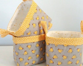 Handmade Fabric Basket, Mini Chickens,Grey & Yellow