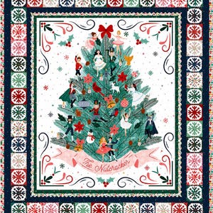 May include: A rectangular quilt featuring a central illustration of a green Christmas tree decorated with Nutcracker characters, dancers, and festive ornaments. A pink banner at the base reads The Nutcracker. The border consists of snowflake squares.