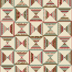 May include: A quilt featuring a repeating log cabin block pattern in a grid layout. The fabric strips are arranged in shades of red, pink, brown, and teal, set against a cream-colored background, creating a geometric design with floral prints.