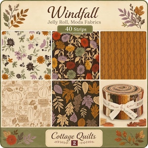 Puede incluir: Windfall Jelly Roll de Moda Fabrics que contiene 40 tiras de tela. El conjunto presenta varios patrones que incluyen flores, hojas de otoño, calabazas y libros en tonos marrón, naranja, crema y morado, atado con una cinta blanca.