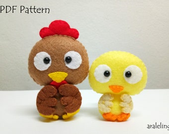 Molde em PDF para pelúcia de galinha e pintinho - Download digital instantâneo