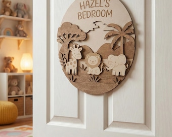 Wooden Personalised Kids Animal Theme Door Plaque