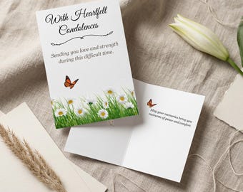 Tarjeta de condolencias imprimible: Sentidas condolencias con mariposa y plantas (Descarga digital instantánea)