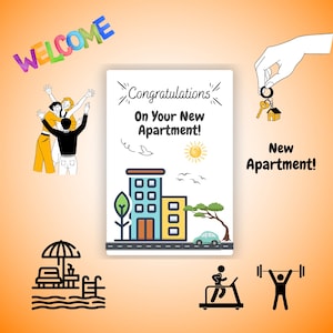 May include: A greeting card with the text "Congratulations On Your New Apartment!" is held in the center of the image. The card features a building illustration, a sun, and birds. Other illustrations include a car, a pool, and people.