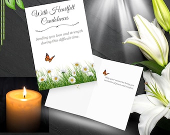 お悔やみメッセージカード（印刷可能） – 蝶と植物が描かれた心温まるメッセージ（デジタルデータ即時ダウンロード）