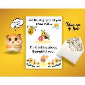 Carte Thinking of You - Imprimable en téléchargement - Thinking of You avec coloré, amusant, « Bee-utiful You » - Vierge à l'intérieur pour le message