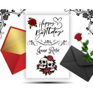 Tarjeta de cumpleaños de junio - Descarga digital imprimible - "Flor de nacimiento de junio" - Con divertidas rosas y calaveras de junio - Interior en blanco para mensaje