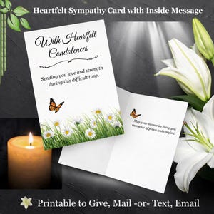 Tarjeta de condolencias imprimible: mariposas, flores y mensaje interior (descarga digital).