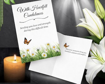 Afdrukbare condoleancekaart – vlinders, bloemen, bericht aan de binnenkant (digitale download)