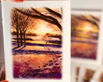 Winter Sunrise Notecards | Watercolor Michigan Landscape