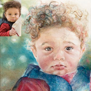 May include: Watercolor painting of a young child with curly brown hair wearing a red and blue jacket. The child has a serious expression on their face and is looking directly at the viewer.