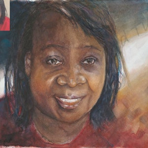 May include: Watercolor painting of a woman with dark brown skin and dark hair. She is smiling and wearing a red shirt. The painting is done in a realistic style.