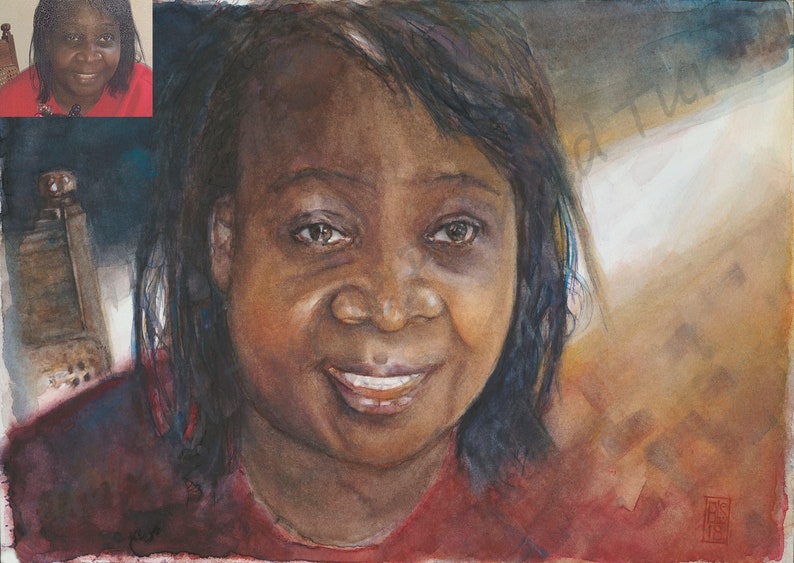 May include: Watercolor painting of a woman with dark brown skin and dark hair. She is smiling and wearing a red shirt. The painting is done in a realistic style.