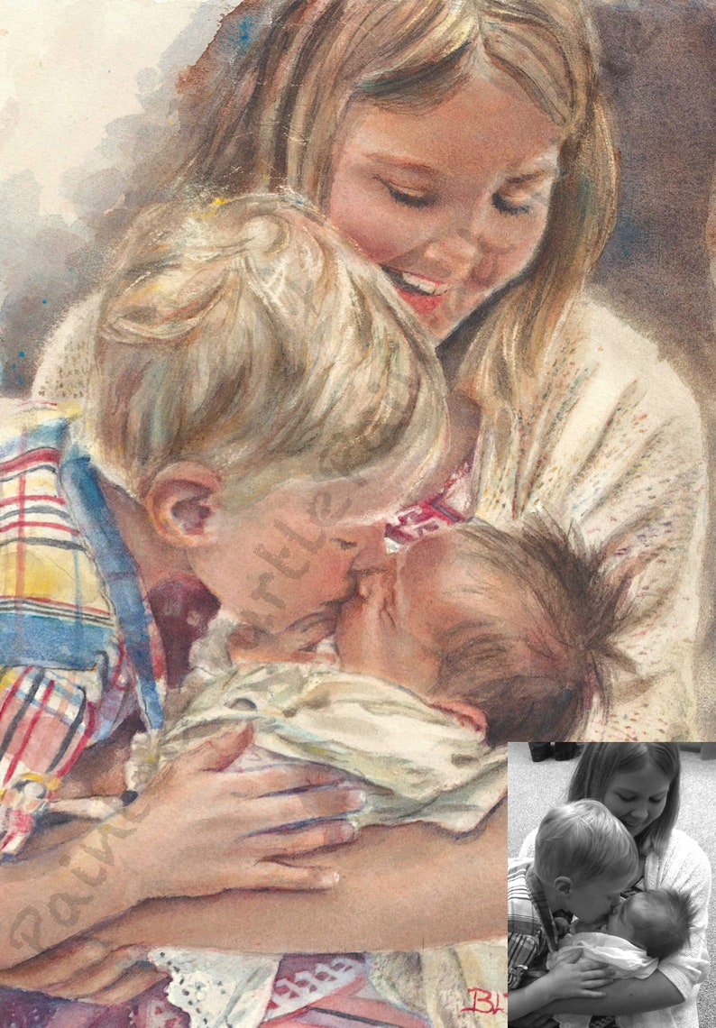 May include: A watercolor painting of three siblings. The oldest sibling, a girl, is holding her younger brother and sister. The girl is smiling and looking down at her siblings. The younger brother is kissing his baby sister on the cheek. The painting is done in soft, muted colors.