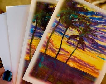 Hawaiian Sunset Watercolor Notecards | Palm Tree Art, Blank Inside