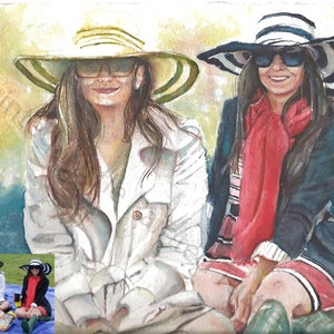 May include: Two women wearing wide-brimmed hats, one with a black and white striped hat and the other with a cream and green hat. They are both smiling and looking at the camera. The woman in the black and white hat is wearing a red scarf and a striped dress. The woman in the cream and green hat is wearing a beige jacket.