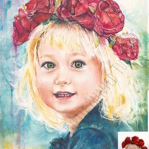 May include: Watercolor painting of a young girl with blonde hair wearing a crown of red roses. The girl is smiling and looking at the viewer. The background is a soft blue and green.