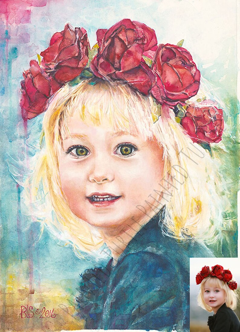 May include: Watercolor painting of a young girl with blonde hair wearing a crown of red roses. The girl is smiling and looking at the viewer. The background is a soft blue and green.