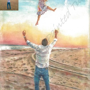 May include: A watercolor painting of a father tossing his daughter in the air on a beach. The sky is a soft blue and pink, and the sand is a warm brown. The father is wearing a white shirt and blue jeans, and the daughter is wearing a pink dress. The painting is signed "Best 2013".
