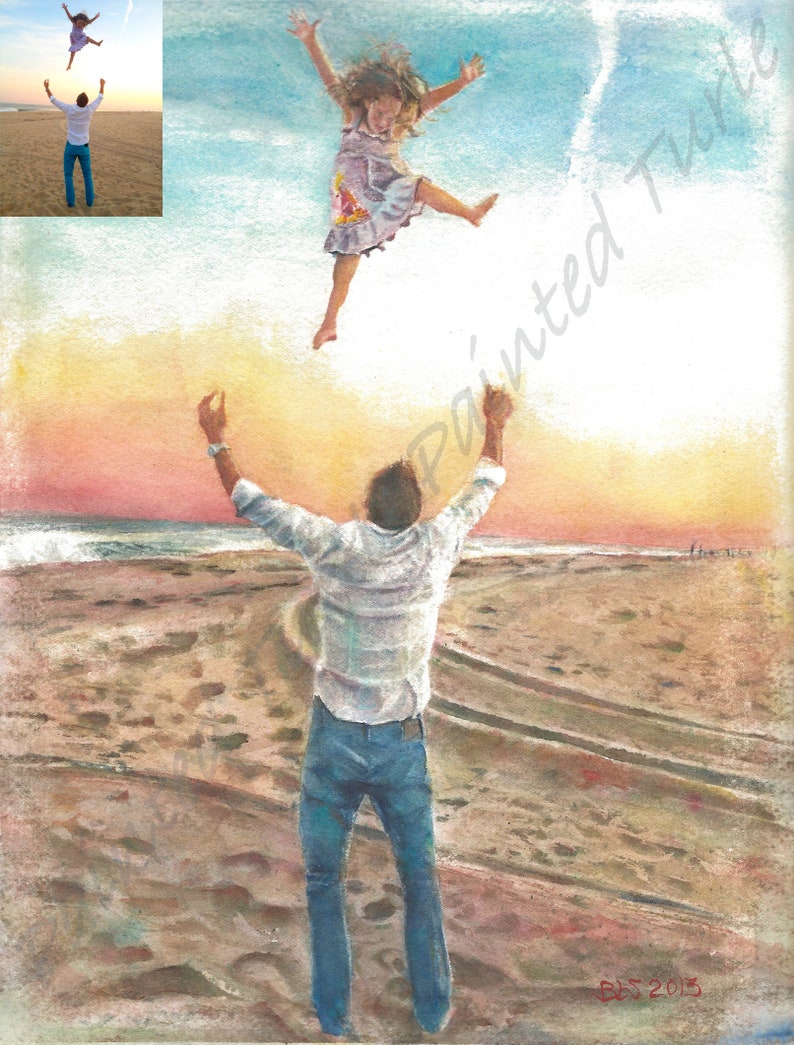 May include: A watercolor painting of a father tossing his daughter in the air on a beach. The sky is a soft blue and pink, and the sand is a warm brown. The father is wearing a white shirt and blue jeans, and the daughter is wearing a pink dress. The painting is signed "Best 2013".