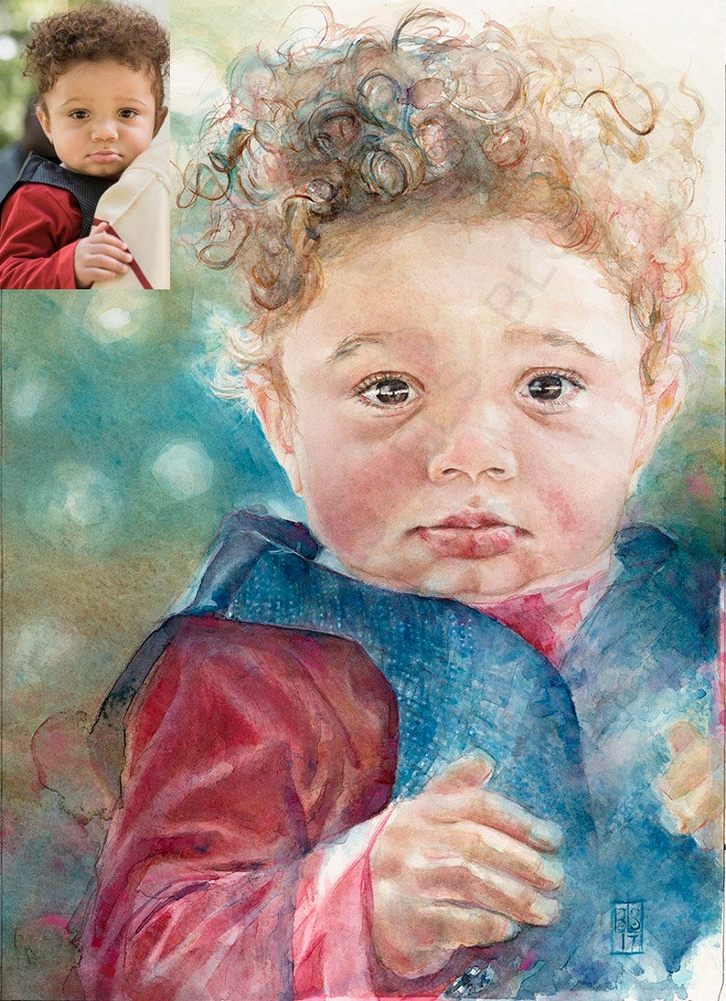 May include: Watercolor painting of a young child with curly brown hair wearing a red and blue jacket. The child has a serious expression on their face and is looking directly at the viewer.