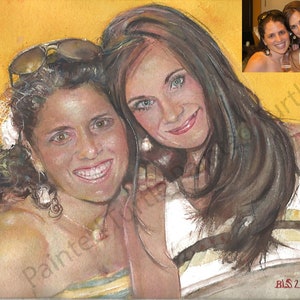 May include: A watercolor painting of two women, one with long brown hair and green eyes, and the other with short brown hair, wearing sunglasses. The women are smiling and appear to be close friends. The painting is set against a yellow background.