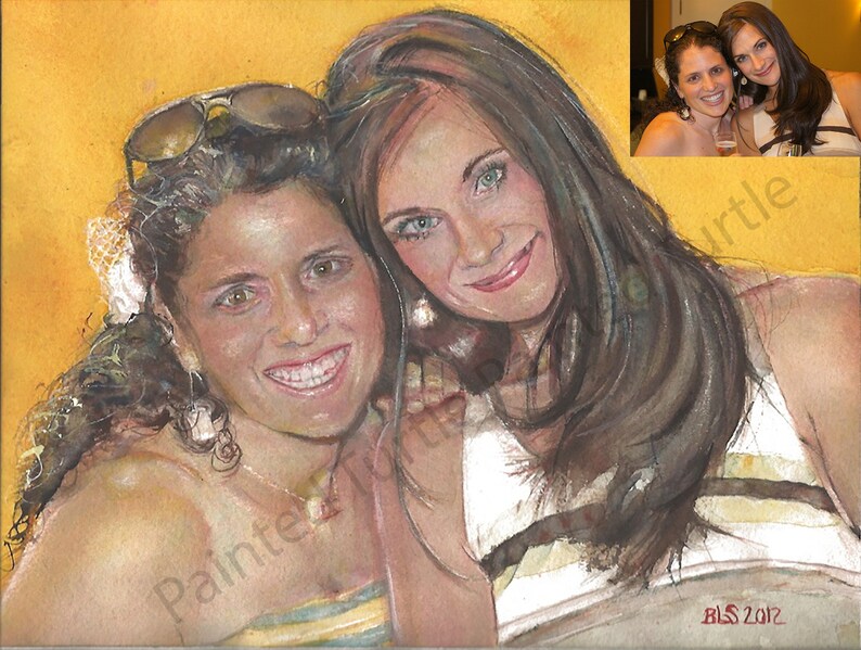 May include: A watercolor painting of two women, one with long brown hair and green eyes, and the other with short brown hair, wearing sunglasses. The women are smiling and appear to be close friends. The painting is set against a yellow background.