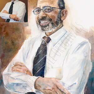 May include: Watercolor painting of a man with a white shirt, black tie, and glasses. He is smiling and has a beard. The painting is done in a realistic style.