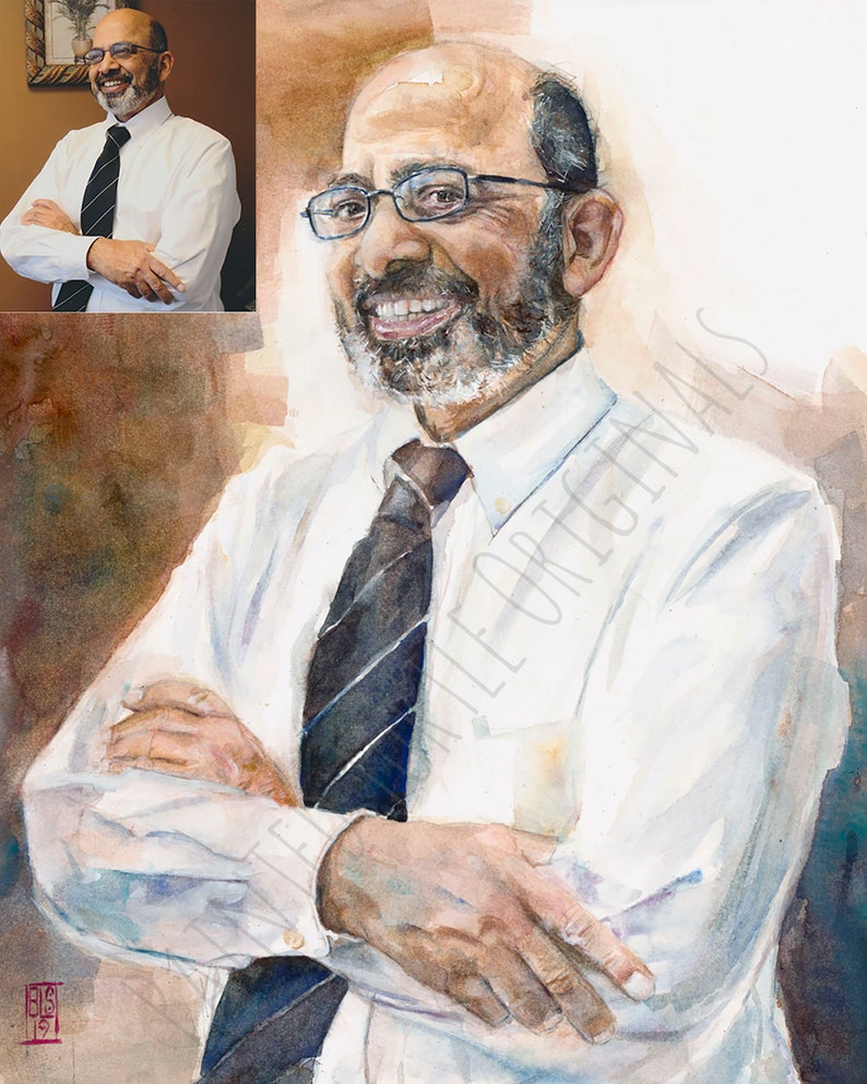 May include: Watercolor painting of a man with a white shirt, black tie, and glasses. He is smiling and has a beard. The painting is done in a realistic style.