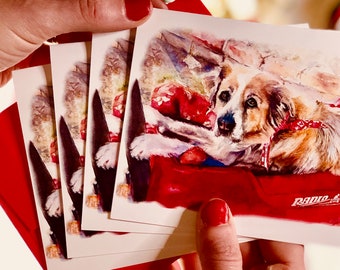 St. Bernard in Red Wagon Notecards | Watercolor Dog Art